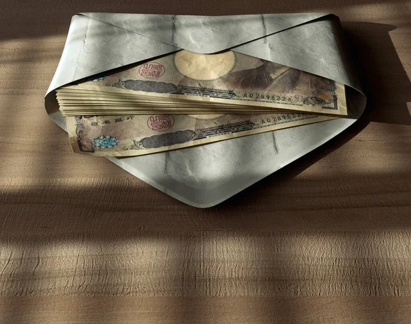 Spreading Pile Yen Banknotes Envelope Wooden Surface Moody Lighting Render — Stock Photo, Image