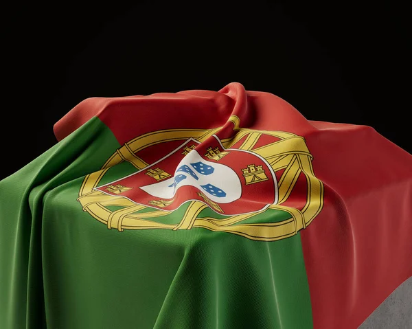 Portugalska Flaga Kamiennym Cokole Odizolowanym Ciemnym Tle Studia Renderowanie — Zdjęcie stockowe