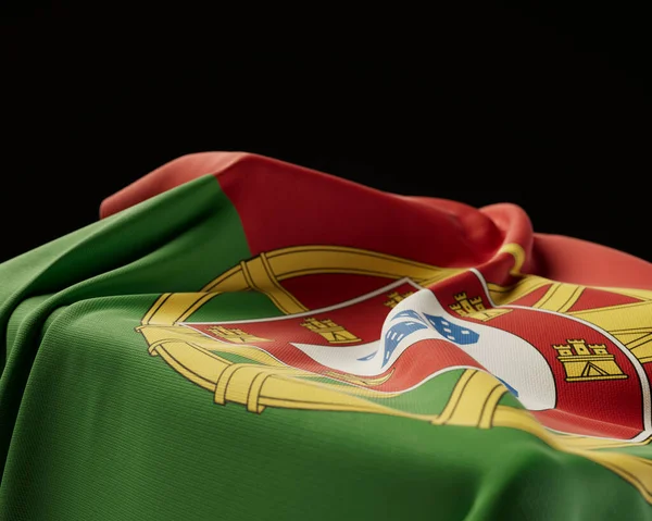 Een Portugal Vlag Gedrapeerd Een Stenen Sokkel Een Geïsoleerde Donkere — Stockfoto