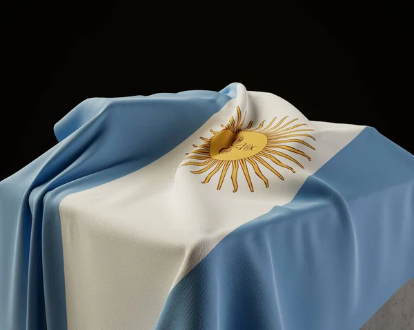 Argentinská Vlajka Zavěšená Kamenném Soklu Izolovaném Tmavém Pozadí Studia Vykreslování — Stock fotografie