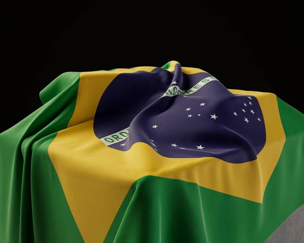 Бразильський Прапор Витягнутий Над Кам Яним Плінтусом Ізольованому Темному Студійному — стокове фото