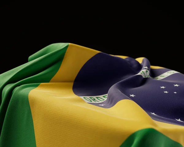 Uma Bandeira Brasil Coberta Por Pedestal Pedra Fundo Estúdio Escuro — Fotografia de Stock