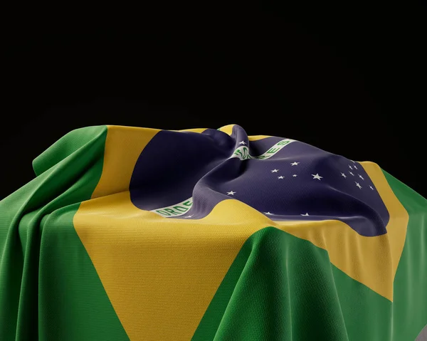 Uma Bandeira Brasil Coberta Por Pedestal Pedra Fundo Estúdio Escuro — Fotografia de Stock