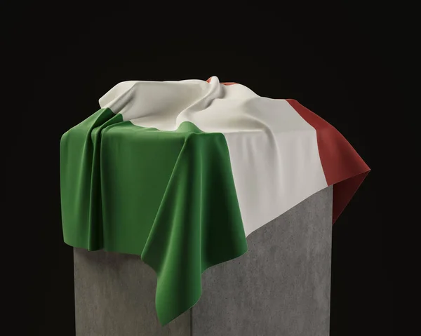 Italská Vlajka Zavěšená Kamenném Soklu Izolovaném Tmavém Pozadí Studia Vykreslování — Stock fotografie