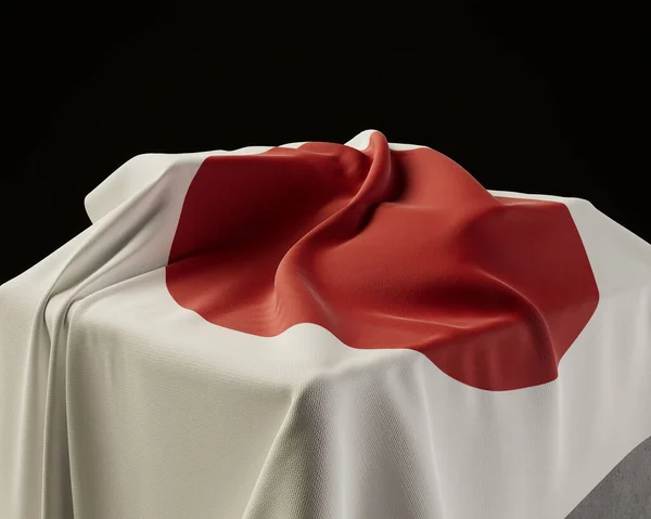 Japońska Flaga Zasłonięta Kamiennym Cokole Odizolowanym Ciemnym Tle Studia Render — Zdjęcie stockowe