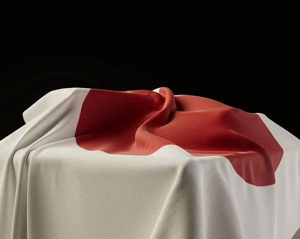 Japońska Flaga Zasłonięta Kamiennym Cokole Odizolowanym Ciemnym Tle Studia Render — Zdjęcie stockowe