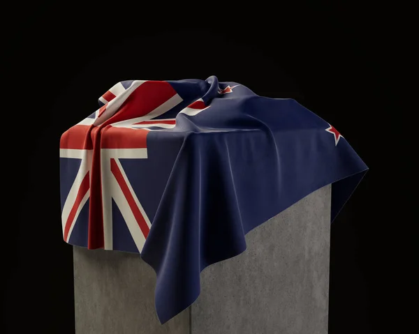 New Zealand Flag Draped Stone Plinth Isolated Dark Studio Background — Stock Photo, Image