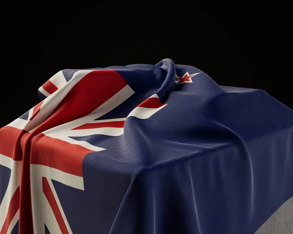 孤立した暗いスタジオの背景に石の台座の上に描かれた新しいニュージーランドの旗 3Dレンダリング — ストック写真