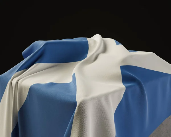 Een Schotse Vlag Gedrapeerd Een Stenen Sokkel Een Geïsoleerde Donkere — Stockfoto