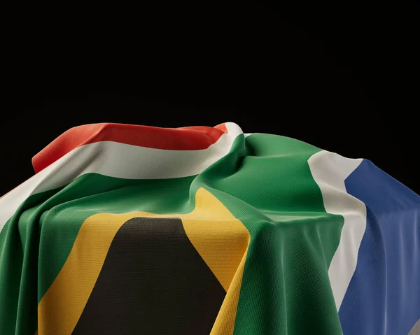South Africa Flag Draped Stone Plinth Isolated Dark Studio Background — Stock Photo, Image