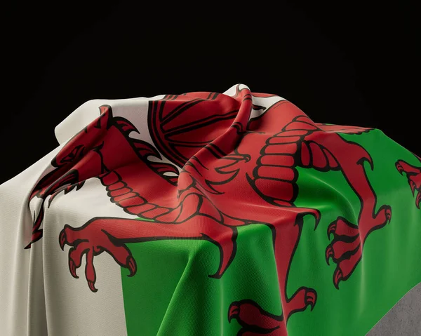 Wales Flag Draped Stone Plinth Isolated Dark Studio Background Render — Stock Photo, Image