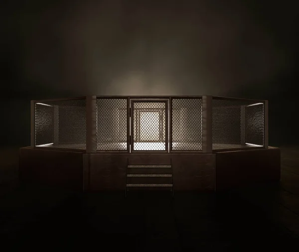暗さと不吉な孤立した背景に明るいスポットライトで照らされた現代的なMmaリング 3Dレンダリング — ストック写真