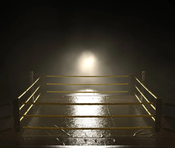 Nowoczesny Wrestling Ring Żółtymi Linami Podświetlonymi Jasnym Światłem Reflektorów Ciemnym — Zdjęcie stockowe