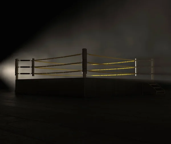 一个现代的摔跤圈 黄色的绳子被明亮的聚光灯照在黑暗和不祥的孤立背景上 3D渲染 — 图库照片