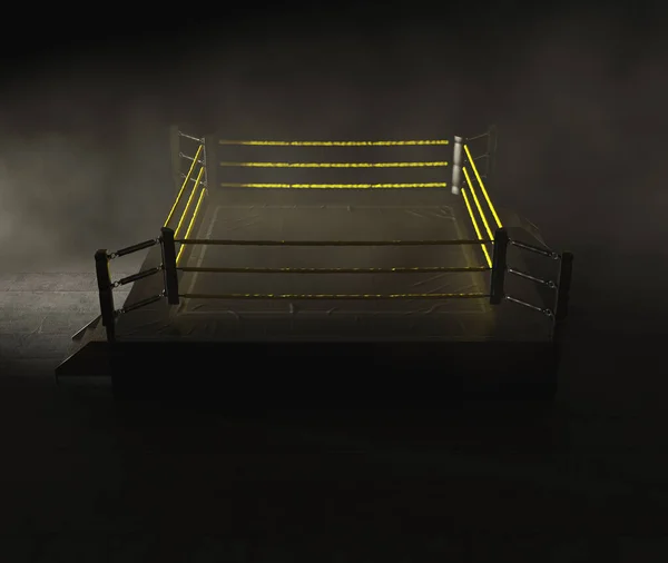 A modern wrestling ring with yellow ropes backlit by a bright spotlight on a dark and ominous isolated background - 3D render