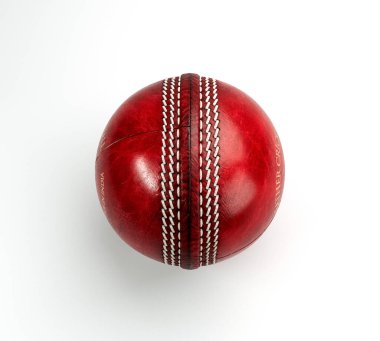 A regular red cricket ball with white stitching and generic gold branding on an isolated background - 3D render clipart