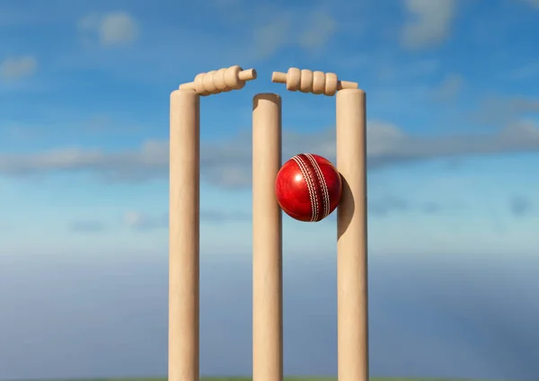 Red Cricket Ball Striking Wooden Cricket Wickets Dislodging Bails Day — Stock Photo, Image