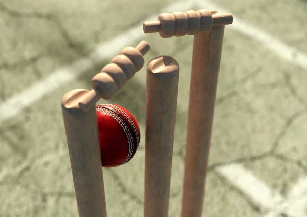 Una Palla Cricket Rosso Colpisce Wickets Cricket Legno Con Staccare — Foto Stock