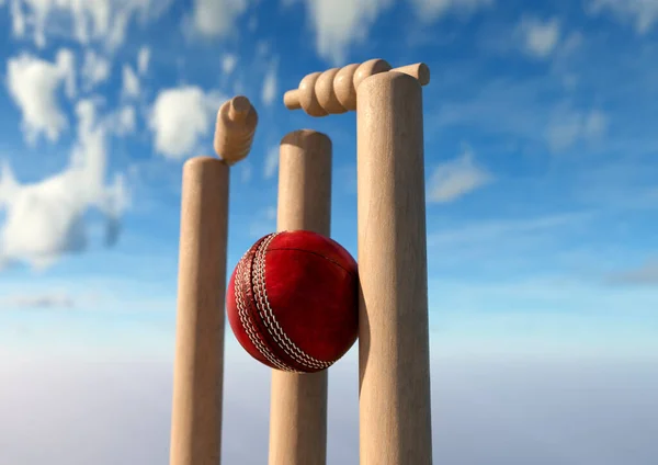Red Cricket Ball Striking Wooden Cricket Wickets Dislodging Bails Day — Stock Photo, Image