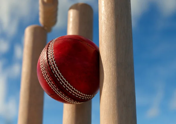 Красный Шар Крикета Ударяющий Деревянные Крикетные Калитки Смещением Залога Фоне — стоковое фото