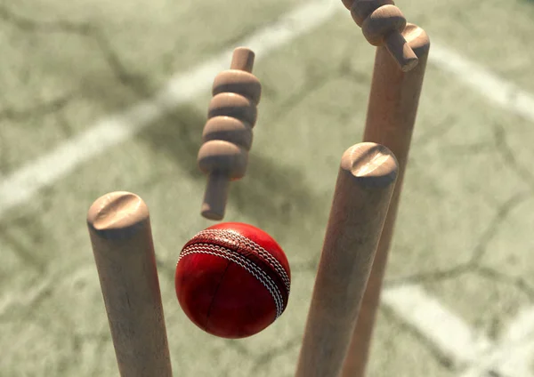 Röd Cricket Boll Slående Trä Cricket Wickets Med Förskjutning Borgar — Stockfoto