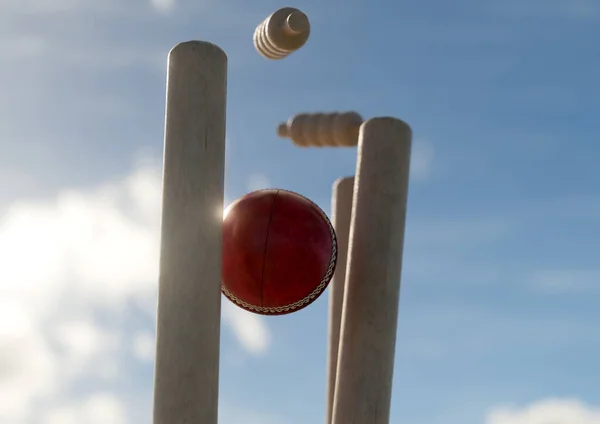 Röd Cricket Boll Slående Trä Cricket Wickets Med Förskjutning Borgar — Stockfoto