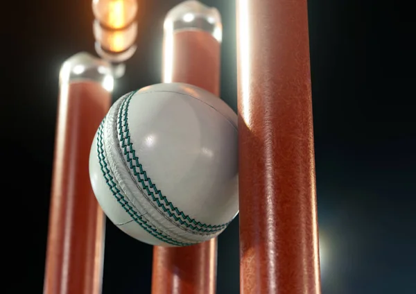White Cricket Ball Striking Orange Electronic Cricket Wickets Dislodging Bails — Stock Photo, Image