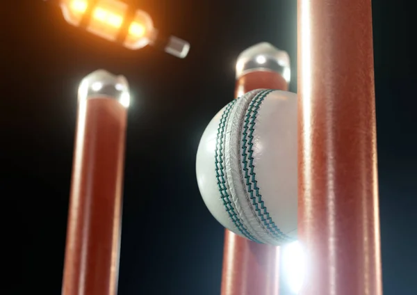 Een Witte Cricket Bal Opvallend Oranje Elektronische Cricket Wickets Met — Stockfoto