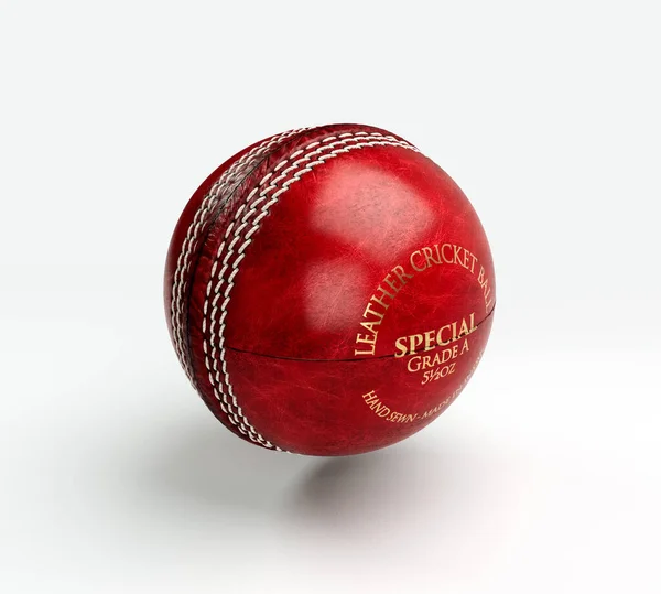 Uma Bola Críquete Vermelho Regular Com Costura Branca Marca Ouro — Fotografia de Stock