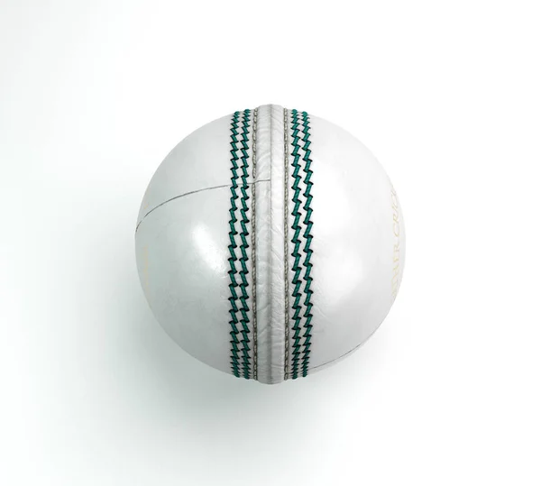 一种在孤立背景下带有绿色针迹的普通白色板球球 3D渲染 — 图库照片