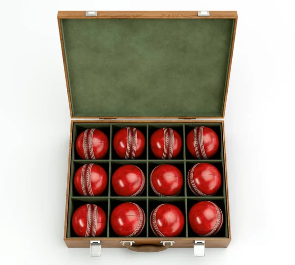 Twelve Generic Red Cricket Balls Wooden Display Box Lined Felt — Stock Photo, Image