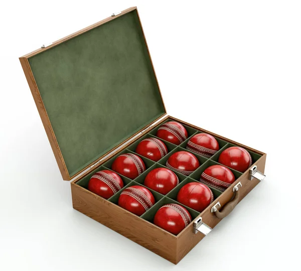 Douze Balles Génériques Cricket Rouge Dans Une Boîte Bois Tapissée — Photo