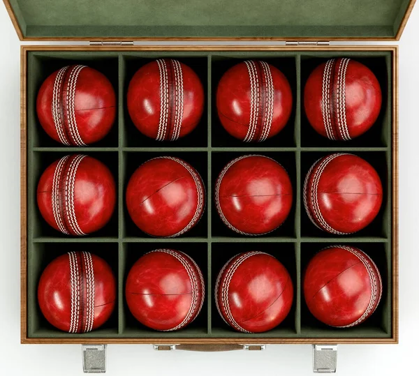 Doze Bolas Críquete Vermelho Genérico Uma Caixa Exibição Madeira Revestida — Fotografia de Stock