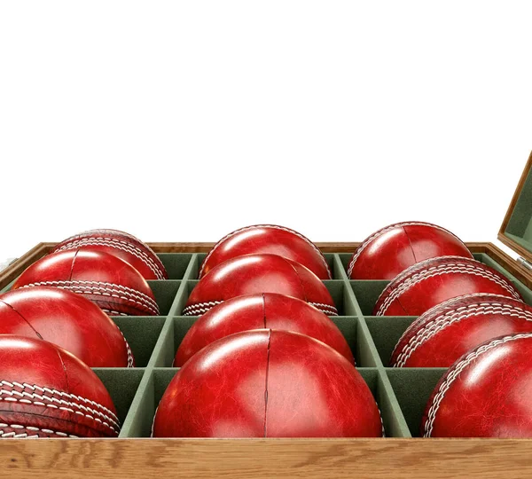 Doze Bolas Críquete Vermelho Genérico Uma Caixa Exibição Madeira Revestida — Fotografia de Stock