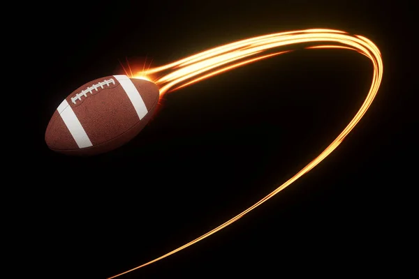 アメリカンフットボールのスポーツボールが空中を飛行し 孤立した背景に輝く賢明な光の流れの中を飛行します 3Dレンダリング — ストック写真