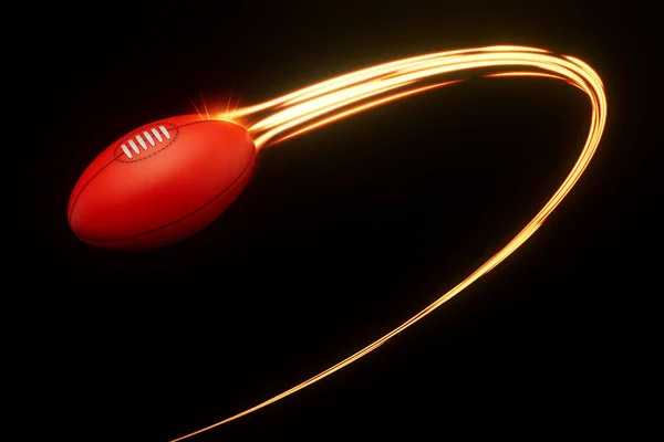 オージーのルールは スポーツボールが空中を飛行し 孤立した背景に輝く賢明な光の流れの中を飛行することです — ストック写真