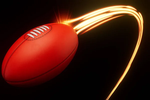 オージーのルールは スポーツボールが空中を飛行し 孤立した背景に輝く賢明な光の流れの中を飛行することです — ストック写真
