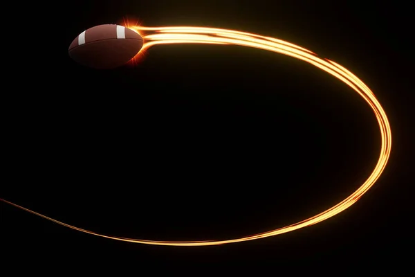 一个美国足球运动球在空中飞舞 在一个孤立的背景下 伴随着一道道流动的发光的光芒 3D渲染 图库图片
