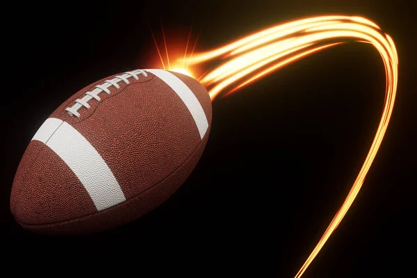 アメリカンフットボールのスポーツボールが空中を飛行し 孤立した背景に輝く賢明な光の流れの中を飛行します 3Dレンダリング ストックフォト