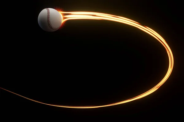 野球のスポーツボールが空中を飛行し 孤立した背景に輝く賢明な照明の流れる歩道があります 3Dレンダリング — ストック写真