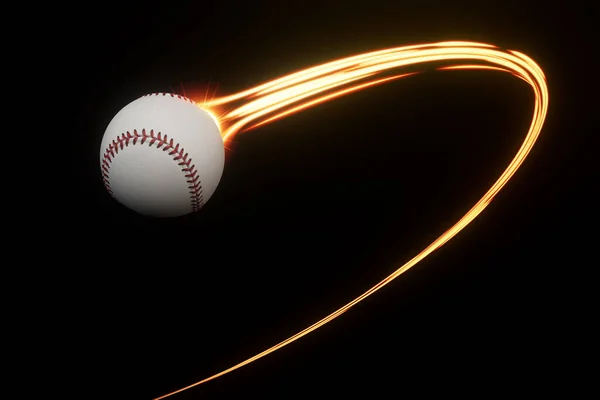 Бейсбольный Спортивный Мяч Летящий Воздуху Текущей Дорожкой Светящихся Огней Изолированном — стоковое фото