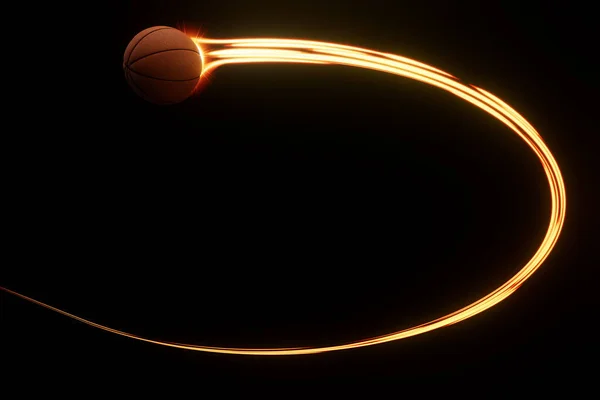 バスケットボールのスポーツボールが空中を飛行し 孤立した背景に輝く賢明な照明の流れる歩道があります 3Dレンダリング — ストック写真