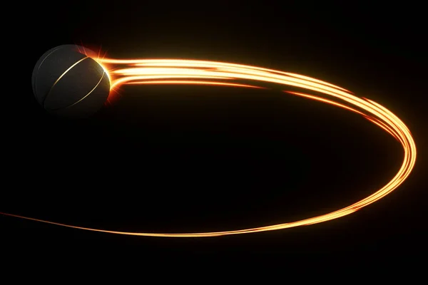 一个黑色篮球运动球在空中飞舞 在一个孤立的背景下 伴随着一道道流动的发光的光芒 3D渲染 — 图库照片