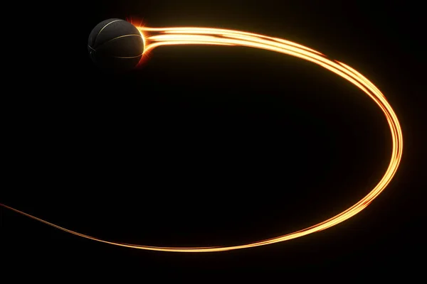 黒いバスケットボールのスポーツボールが空中を飛行し 孤立した背景に輝く賢明な光の流れの中を飛行します 3Dレンダリング — ストック写真