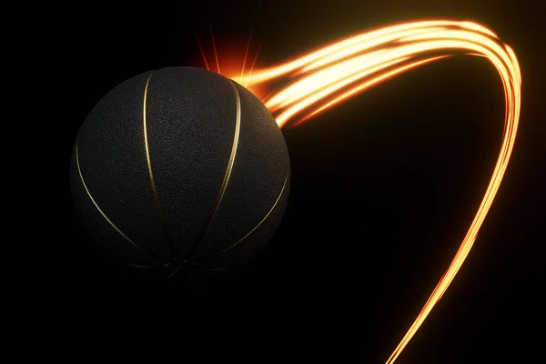 Black Basketball Sport Ball Flying Air Flowing Travelling Trail Glowing — Stock Photo, Image