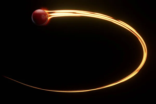 一个红色板球运动球在空中飞舞 在一个孤立的背景下 伴随着一道流动的发光的光芒 3D渲染 — 图库照片