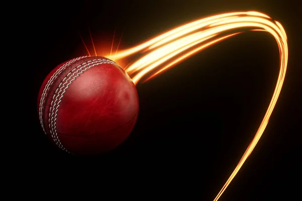 Red Cricket Sport Ball Flying Air Flowing Travelling Trail Glowing — Stock Photo, Image
