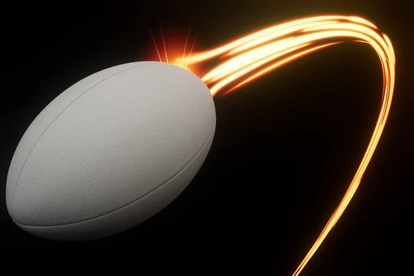 一个橄榄球运动球在空中飞舞 在一个孤立的背景下 伴随着一道道流动的发光的光芒 3D渲染 — 图库照片