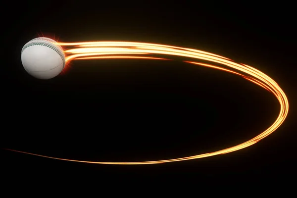 一个白色板球运动球在空中飞舞 在一个孤立的背景下 伴随着一道流动的发光的光芒 3D渲染 — 图库照片