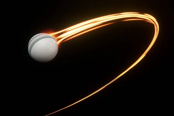 Vit Cricket Sport Boll Flyger Genom Luften Med Flödande Spår — Stockfoto